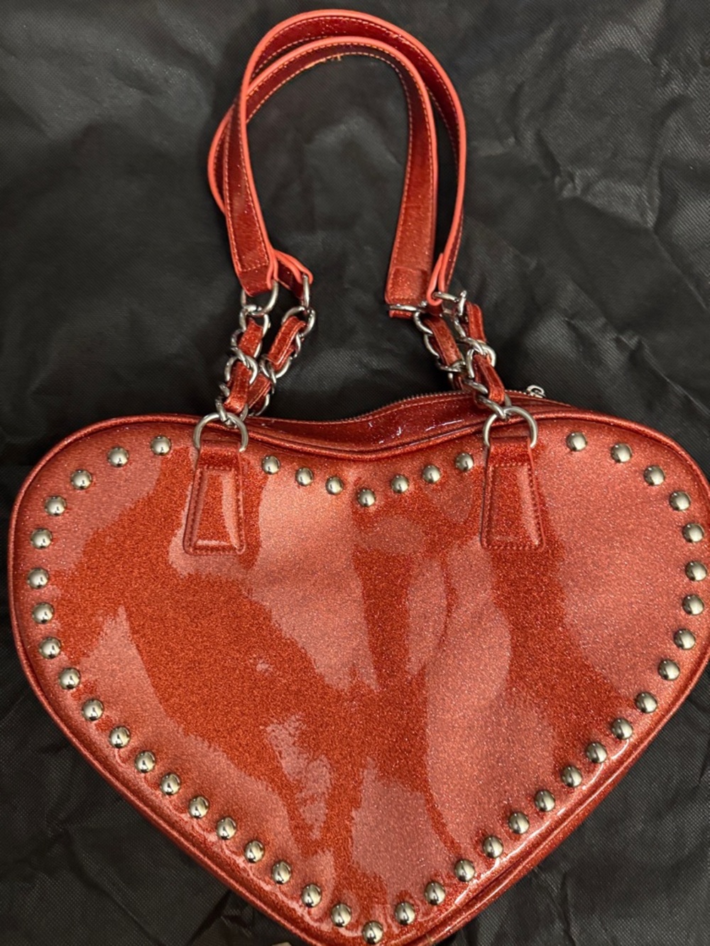 Lux de Ville Shimmering Red Heart studded Shoulder Bag - Picture 2 of 3
